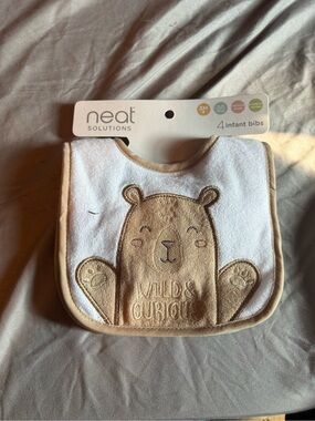 Beige & White Baby Bib with Bear Embroidery